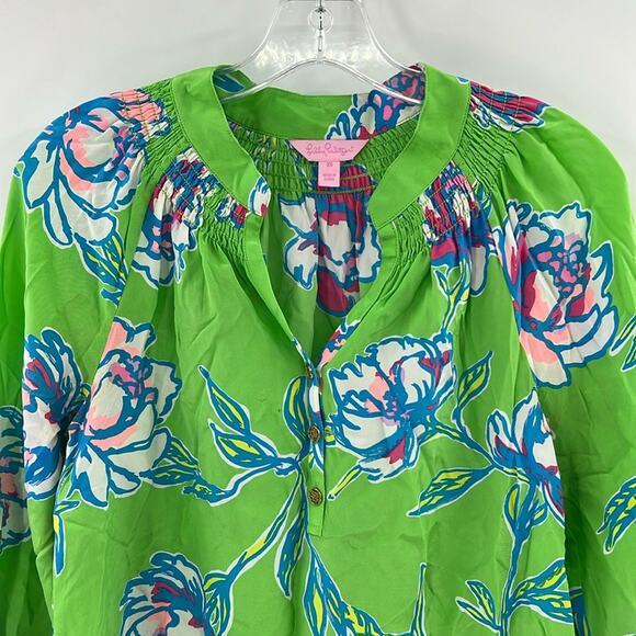 Lilly Pulitzer Women's Elsa 100% Silk Long Sleeve Top - Green Floral - XS - Picture 1 of 8